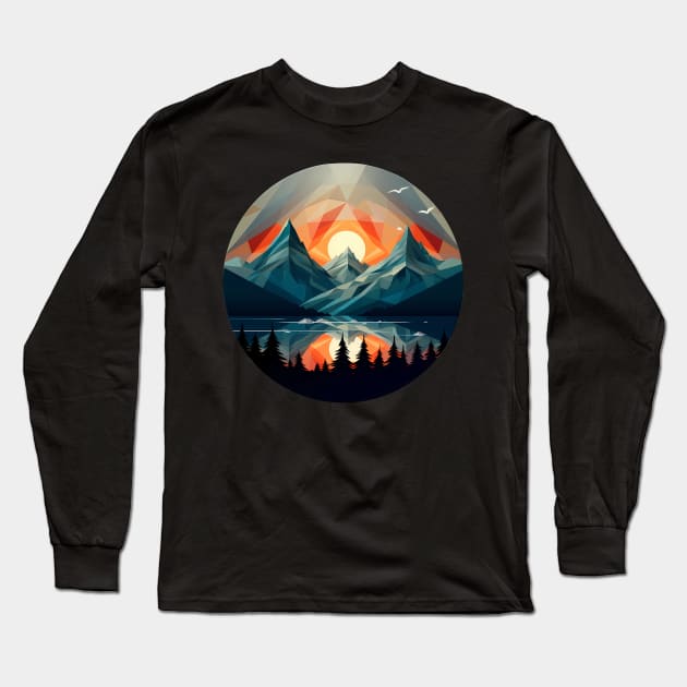 Geometric mountains, beautiful sunset Long Sleeve T-Shirt by Unelmoija